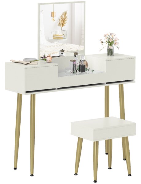 HOMCOM Set Tavolo da Trucco con 3 Cassetti e Specchio con Sgabello da Trucco Portaoggetti, Bianco | Aosom Italy