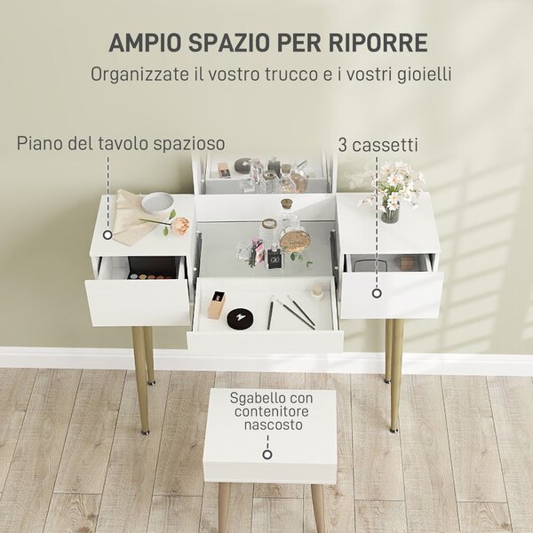HOMCOM Set Tavolo da Trucco con 3 Cassetti e Specchio con Sgabello da Trucco Portaoggetti, Bianco | Aosom Italy