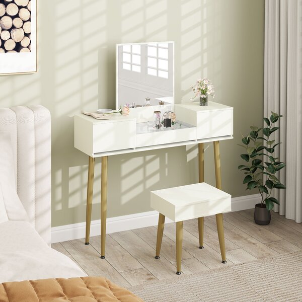 HOMCOM Set Tavolo da Trucco con 3 Cassetti e Specchio con Sgabello da Trucco Portaoggetti, Bianco | Aosom Italy