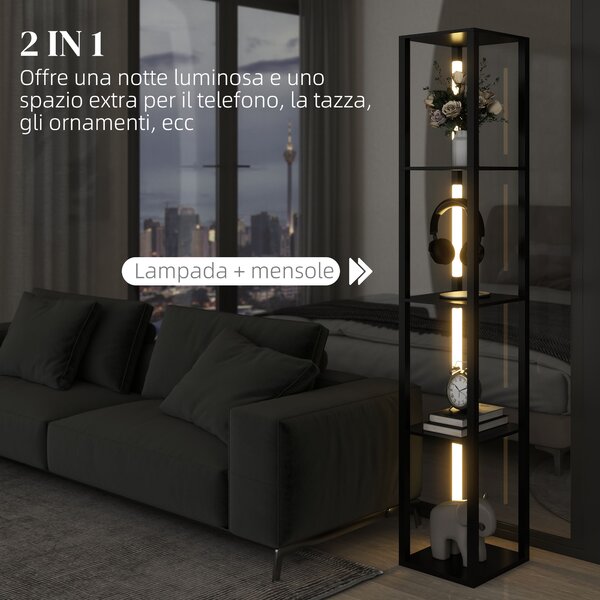 HOMCOM Lampada da Terra con 4 Ripiani, 3 Luminosità Regolabili e Interruttore a Pedale, 29x29x163 cm, Nero | Aosom Italy