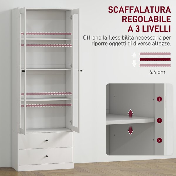 HOMCOM Credenza Cucina con Armadietto e 2 Cassetti, Ante in Vetro e Ripiani Regolabili, 59x30x164 cm, Bianco | Aosom Italy