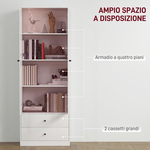 HOMCOM Credenza Cucina con Armadietto e 2 Cassetti, Ante in Vetro e Ripiani Regolabili, 59x30x164 cm, Bianco | Aosom Italy