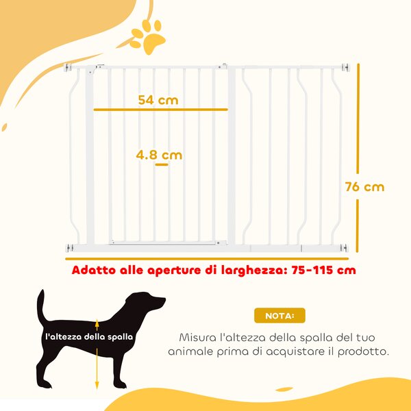 PawHut Cancelletto di Sicurezza per Cani in Acciaio e ABS, Estensibile 75-115cm per Scale e Porte, Bianco|Aosom