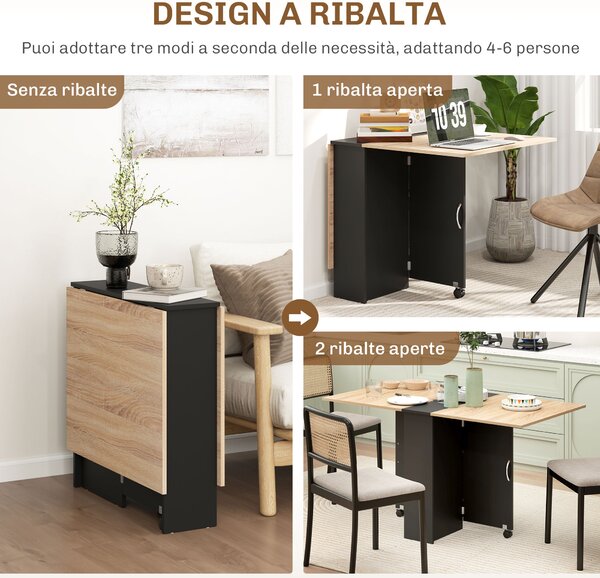 HOMCOM Tavolo Pieghevole Consolle per 4-6 persone con Ruote e Ripiani, 140x75x74cm, Rovere e Nero