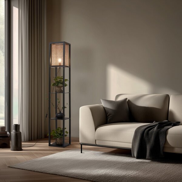 Lampada da terra Lindby, Birta, Nero, Soggiorno, Legno, Moderno