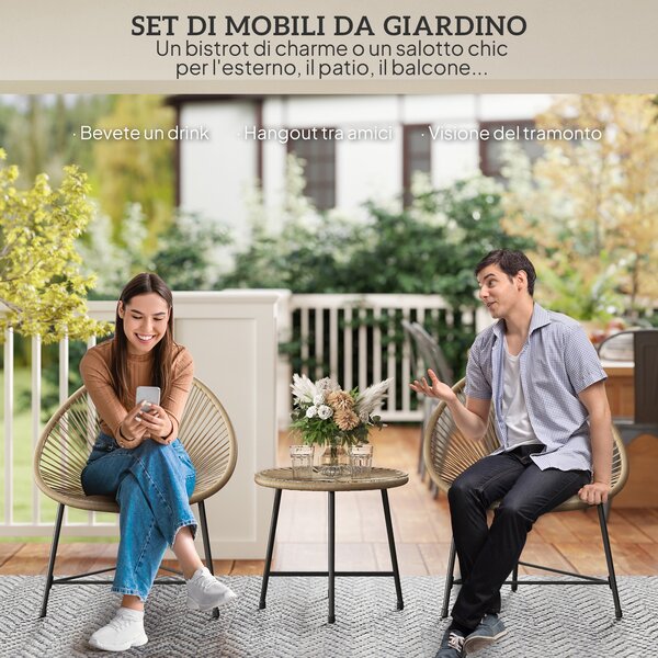 Outsunny Set da Giardino 3 Pezzi in Rattan PE e Acciaio con 2 Sedie Ovali e Tavolino da Caffè, Nero e color Legno