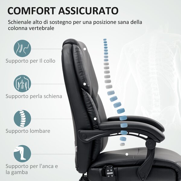 HOMCOM Poltrona Ufficio Massaggiante e Riscaldata con Schienale Reclinabile e Poggiapiedi, Sedia da Ufficio in Pelle PU, Nero|Aosom Italy