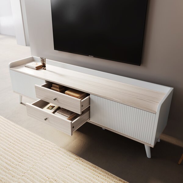 Mobile TV con 2 Cassetti, 2 Ante Scorrevoli, 160x40x58 cm, Bianco e color Legno Naturale|Aosom