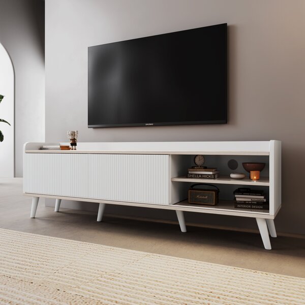 Mobile TV con 2 Cassetti, 2 Ante Scorrevoli, 160x40x58 cm, Bianco e color Legno Naturale|Aosom