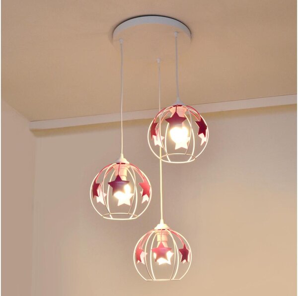 Lampadario a sospensione per bambini STARS 3xE27/15W/230V rosa/bianco