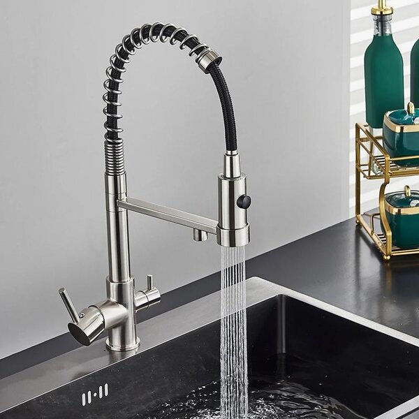 Rubinetto da cucina per acqua filtrata - Miscelatore a due manopole - Caldo/freddo, per acqua potabile, doccetta estraibile, acciaio inossidabile, cartuccia in Vetroceramica - Nichel spazzolato