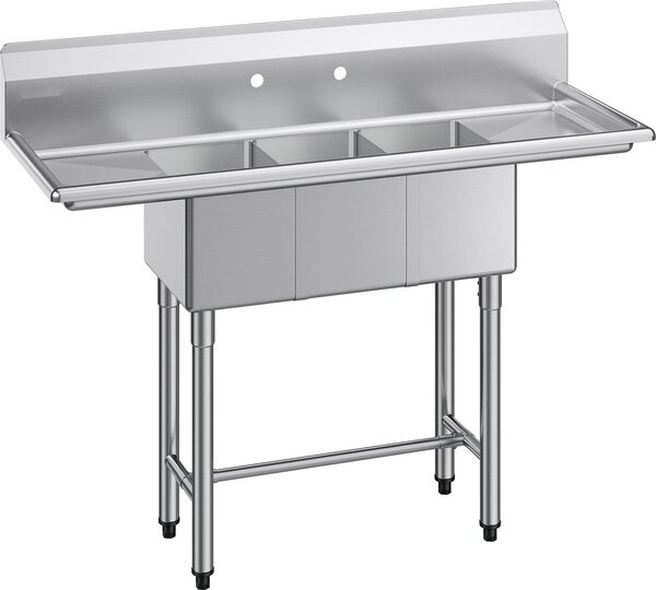Lavello professionale in acciaio inox - Lavello da cucina a 3 vasche - 2 sgocciolatoi - Con paraspruzzi - 1372 x 508 x 1097 mm - Per furgoni gastronomici e ristorazione - Argento