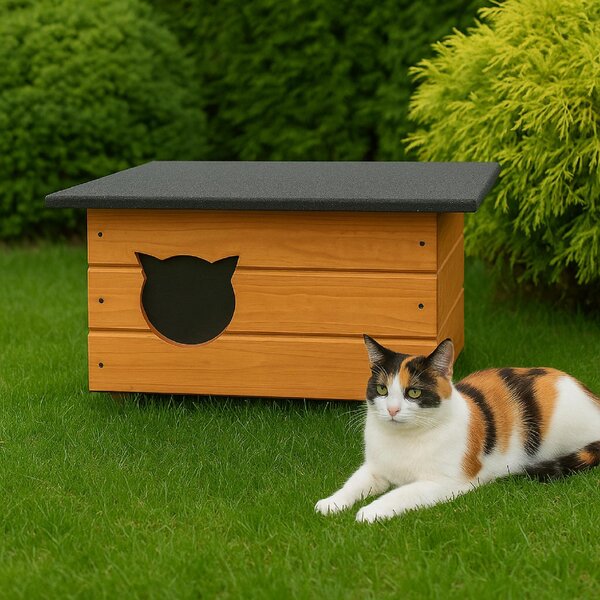 QLS Casetta per gatti in legno coibentata 60x40x40 cm - Impermeabile con tenda, teak 11355