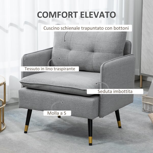 HOMCOM Poltrona da Salotto Moderna in Tessuto con Seduta Imbottita e Gambe in Acciaio, 76x68x80 cm, Grigio|Aosom
