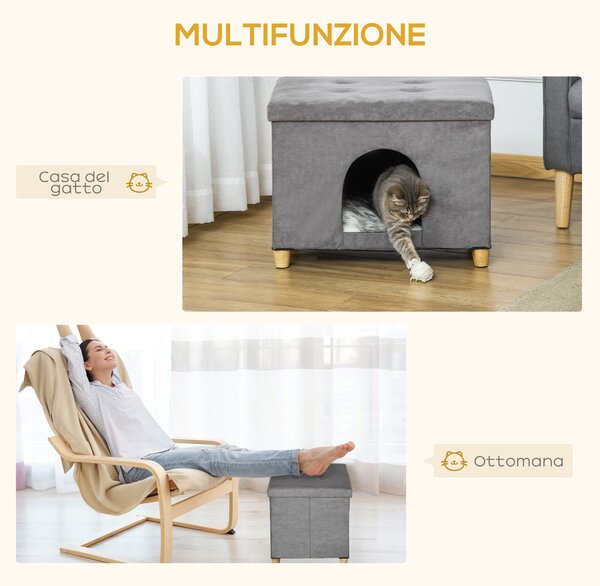 PawHut Casetta per Gatti Pouf Poggiapiedi Imbottito con Cuscino Rimovibile e Lavabile, Grigio|Aosom