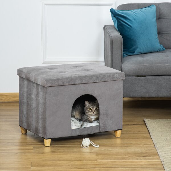 PawHut Casetta per Gatti Pouf Poggiapiedi Imbottito con Cuscino Rimovibile e Lavabile, Grigio|Aosom