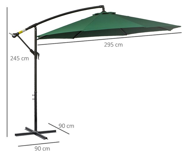 Outsunny Ombrellone da Giardino Decentrato Ø2.95m Impermeabile Anti-UV con Struttura in Acciaio, Manovella, Base a Croce, Verde | Aosom
