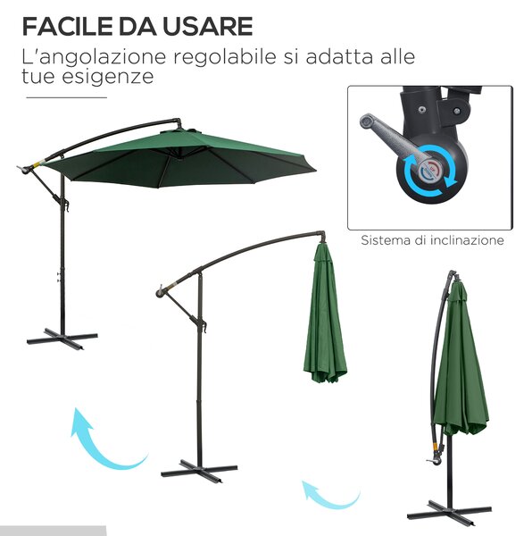 Outsunny Ombrellone da Giardino Decentrato Ø2.95m Impermeabile Anti-UV con Struttura in Acciaio, Manovella, Base a Croce, Verde | Aosom