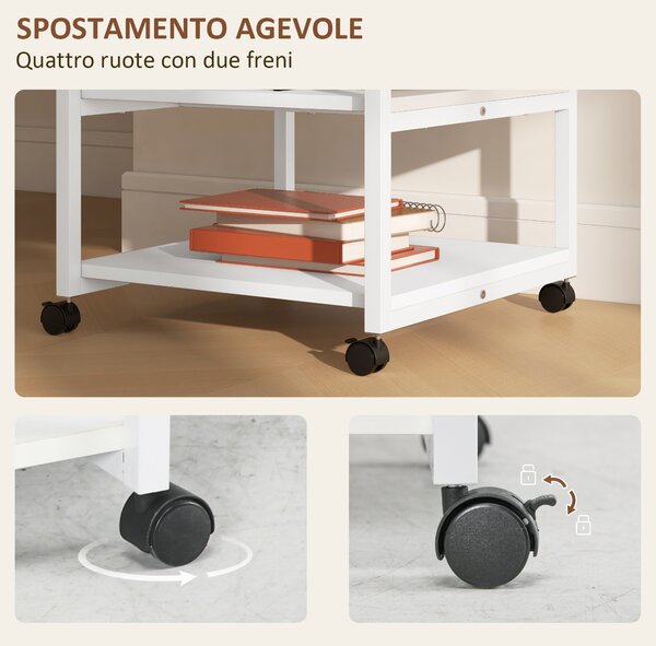 HOMCOM Carrello salvaspazio Porta Stampante a 3 Ripiani, mobile da ufficio con 4 Ruote, Legno e Acciaio, 50x50x52.5cm, Bianco|Aosom Italy