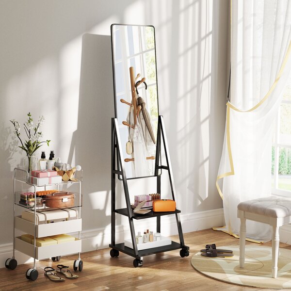 HOMCOM Specchio Verticale da Terra con 2 Ripiani e 4 Rotelle, in Acciaio e Legno, 42x37x155 cm, Nero