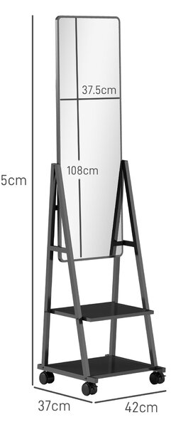 HOMCOM Specchio Verticale da Terra con 2 Ripiani e 4 Rotelle, in Acciaio e Legno, 42x37x155 cm, Nero