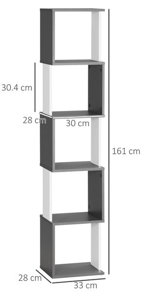HOMCOM Libreria Moderna Salvaspazio a 5 Ripiani in Legno, 33x28x161cm, Grigio e Bianco|Aosom
