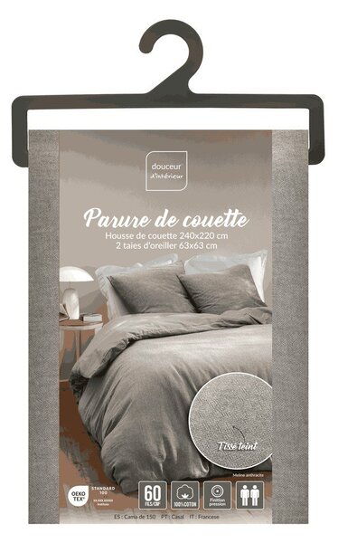 Set copripiumino e federa grigio in cotone per letto matrimoniale/per letto esteso 3 pezzi 240x220 cm Meline – douceur d'intérieur
