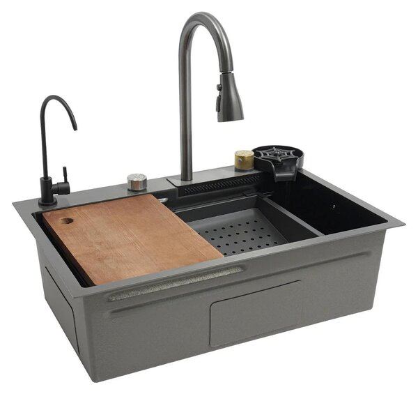 Lavello in acciaio inossidabile - Lavello doppio da cucina - Con rubinetto - Rubinetto estraibile da 30 cm - 68x45x21 cm - Rettangolare - Grigio