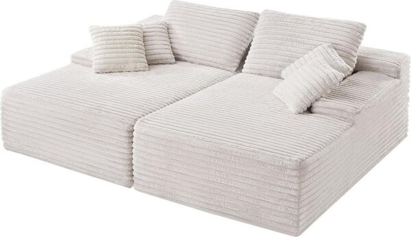Divano chaise longue doppio (210 cm) oversize - Divano a due posti in velluto a coste con seduta profonda - Accogliente divano letto per 2 persone con morbidi cuscini e cuscini decorativi - Mobili da salotto e da camera beige