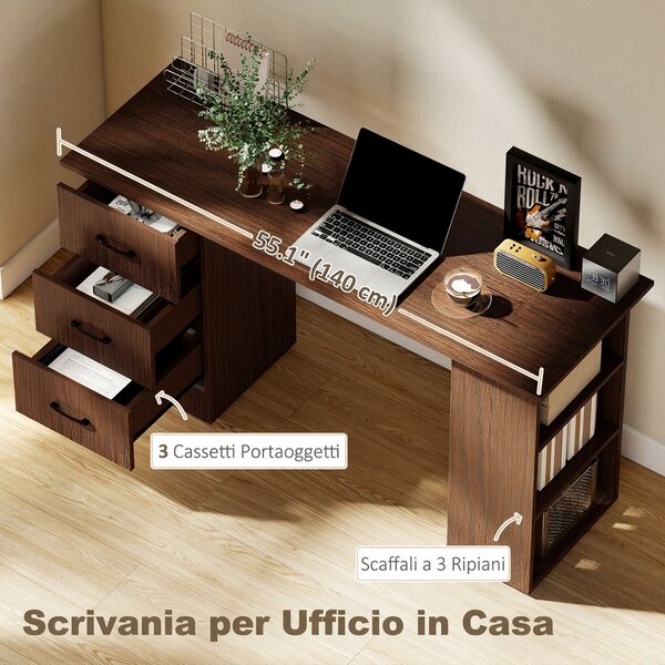 HOMCOM Scrivania Moderna con 3 Cassetti e 3 Ripiani per Camera e Ufficio, in Legno, 120x49x72 cm, Color Noce | Aosom Italy
