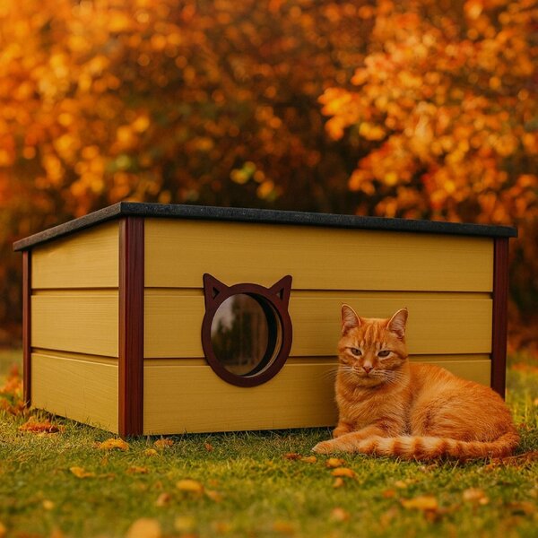QLS Casetta per gatti in legno isolata 73×52×38 cm con tenda resistente alle intemperie Beige 11391