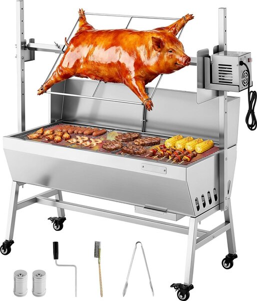 Griglia per girarrosto - griglia per maialino a carbone/griglia per agnello - lunghezza griglia 94 cm - capacità di carico 60 kg - motore 38 W - regolazione dell'altezza in 7 posizioni - piastra di protezione - acciaio inox