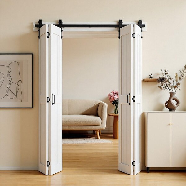 Porta scorrevole a libro - Porta scorrevole in stile porta da fienile - Dimensioni 182,9 x 213,4 cm - MDF - Con set di ferramenta - Design a telaio a H salvaspazio - Pannelli preassemblati - Per interni - Bianco