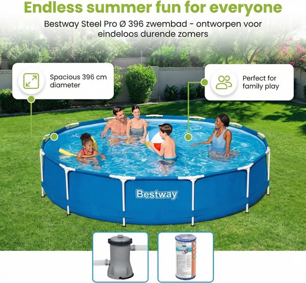 Bestway Steel Pro, piscina in acciaio, forma rotonda - 396x84 cm - composta da 7 elementi, modello S21618