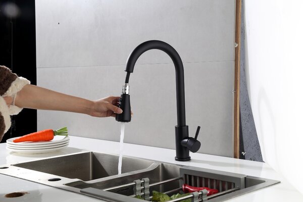 Rubinetto da cucina - Nero opaco - Risparmio d'acqua, Robusto acciaio inox, Bocca allungata