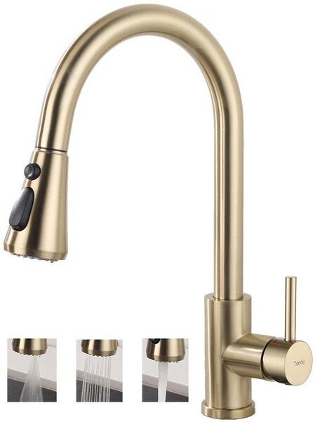 Rubinetto da cucina in acciaio con doccetta estraibile, rubinetto da cucina a 3 getti con rotazione a 360 gradi, rubinetto per lavello da cucina, oro opaco