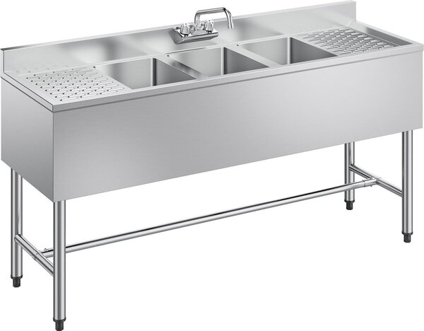 Lavello in acciaio inox - Lavello da ristorazione - Con 3 vasche - Con 2 sgocciolatoi - Con paraspruzzi - Con rubinetto - Dimensioni 152,4 x 47 x 83,8 cm