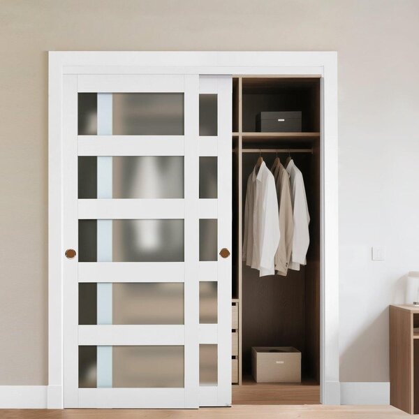 Porta scorrevole 1524 mm x 2032 mm - Apertura corrispondente - Porte in vetro bypassate con kit di installazione - Porta in legno massiccio e MDF con superficie in PVC impermeabile - Porte scorrevoli in vetro smerigliato per armadi Bianco
