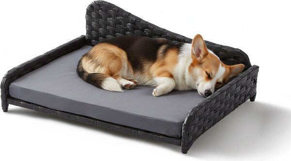 Relaxdays Lettino per cani in rattan, L, DxLxA: 25x63x46 cm, lettino rialzato con cuscino, divanetto per cani, per interni ed esterni, grigio