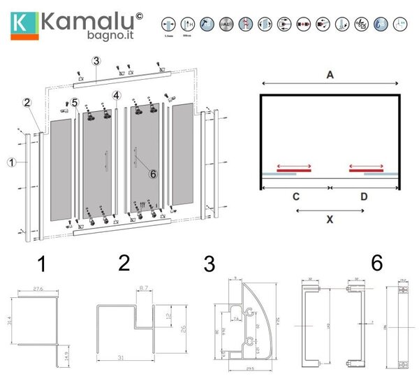 Nicchia doccia 170cm doppio scorrevole altezza 180cm | KAM-KNF6000 - KAMALU