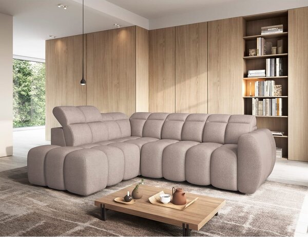 Divano angolare marrone chiaro allungabile/con contenitore (con penisola a sinistra/a L) e rivestimento in bouclé Falconn – ELTAP