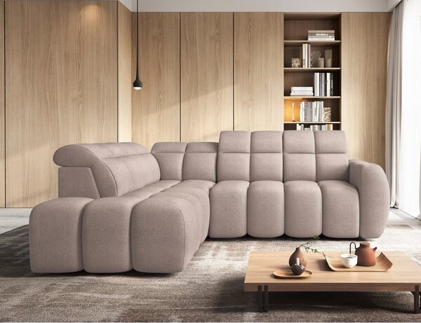 Divano angolare marrone chiaro allungabile/con contenitore (con penisola a sinistra/a L) e rivestimento in bouclé Falconn – ELTAP