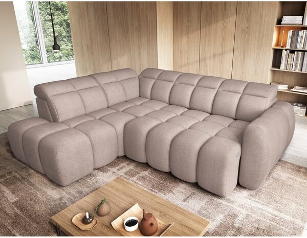 Divano angolare marrone chiaro allungabile/con contenitore (con penisola a sinistra/a L) e rivestimento in bouclé Falconn – ELTAP