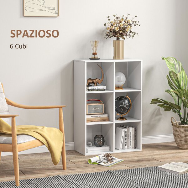 HOMCOM Libreria Bianca per Casa e Ufficio, Scaffale dal Design Moderno con 6 Scomparti in Legno, 91.5x29.5x61.5cm|Aosom