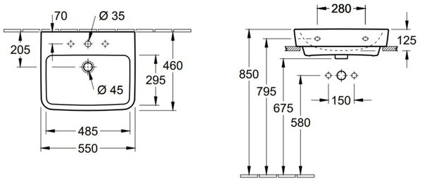 V&B O.NOVO 55x46cm lavabo da incasso/da appoggio, angolare, m HL, con sfioratore, bianco