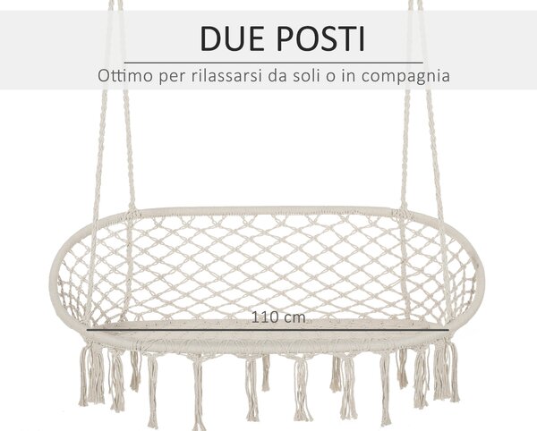 Outsunny Amaca a Dondolo da Giardino e Casa a 2 Posti, Telaio Metallo e Seduta Cotone 130x75x40cm, Bianco Crema|Aosom