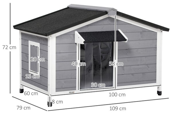 PawHut Casetta Rialzato per Cani fino a 20 kg e 80 cm, Tenda Protettiva e 2 Finestre in legno, 109x79x72 cm, Nero, Grigio, Bianco | Aosom Italy