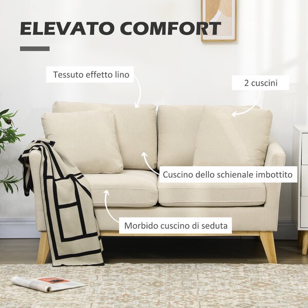 HOMCOM Divano da 2 Posti in Legno di Eucalipto e Tessuto Effetto Lino con 2 Cuscini, 137x78x78 cm, Beige | Aosom Italy