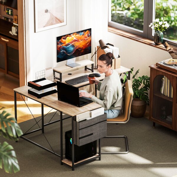 HOMCOM Scrivania ad angolo modulabile reversibile 168-240 cm stile industriale - ripiano regolabile, tasca portaoggetti, supporto per schermo