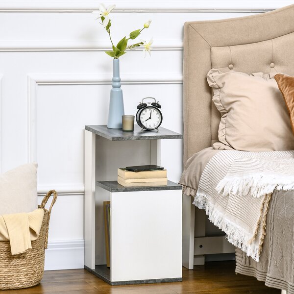 HOMCOM Comodino Bianco con Ripiano Aperto Design Irregolare in Legno, Comodino Camera da Letto, 35x29.5x60cm, Grigio e Bianco | Aosom Italy